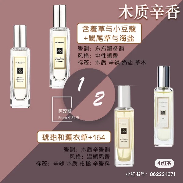 经常分享香水评测的小红书博主 @ 阿涅斯 也推荐过几种专业混搭组合,可依据自己喜欢的香型做参考:木质辛香组合