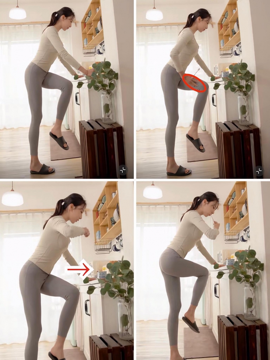 动作二:刷牙的同时稍微变换一下站姿态就能轻松瘦腿;坚持30秒后换边重复,两条腿各做3组。 首先双手扶在洗漱台边平衡好身体,左腿单腿屈膝上抬、向右侧扭转至感受到大腿内侧收紧;同时注意肚脐面向前方,要不有点拧麻花的感觉~边刷牙3分钟就能边瘦腰兼瘦大象腿!