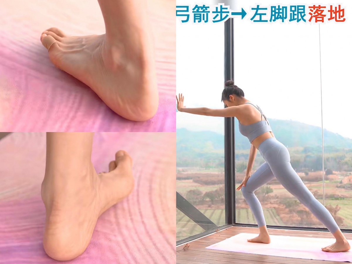 动作三:弓箭步内外翻 双手推墙做弓箭步、左脚往后伸脚跟落地,双脚脚掌交替将较低往内侧和外侧翻进行拉伸,1次坚持3秒钟、双腿各重复10次。这个动作可以帮助分区拉伸小腿后侧肌肉,明显改善小腿弯曲问题。