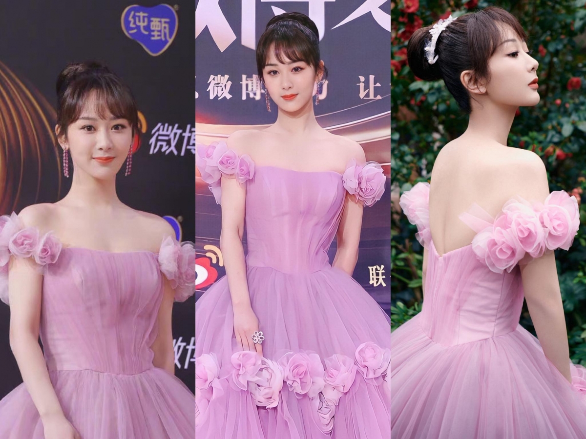 #杨紫紫色公主蓬蓬裙 甜美迷人的紫色公主蓬蓬裙特别符合小猴紫的本色魅力～和去年同样走甜美淡雅紫蓝色系羽毛裙有异曲同工之妙。