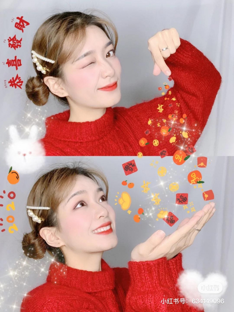 同上方法也能用来制作单人写真~善用各种贴纸P出满满福气溢出来的感觉!