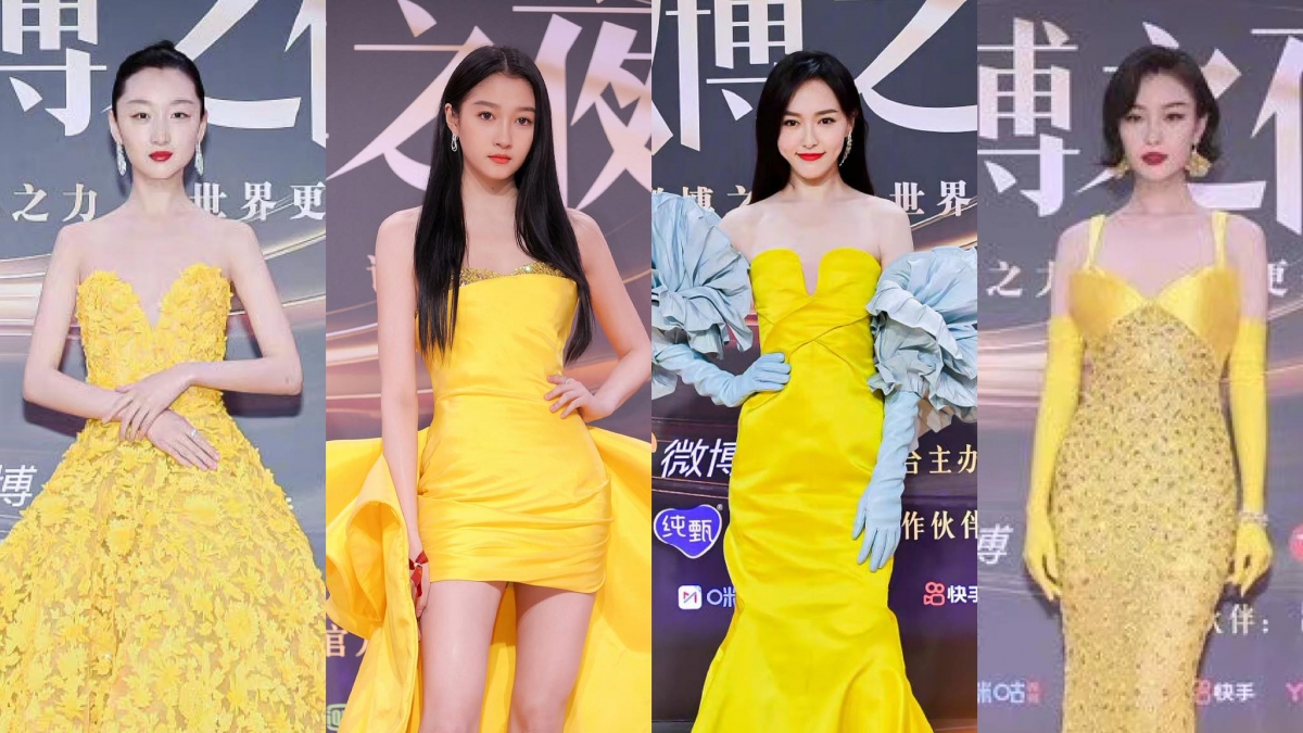 #女神都PICK黄色系穿搭 唐嫣天空蓝绣球花手套搭配一袭柠檬黄修身礼服，碰撞出瑰丽华贵感；周冬雨、倪妮、关晓彤今晚的红毯造型也都不约而同选择了黄色系，看来是今年的大势配色无误！