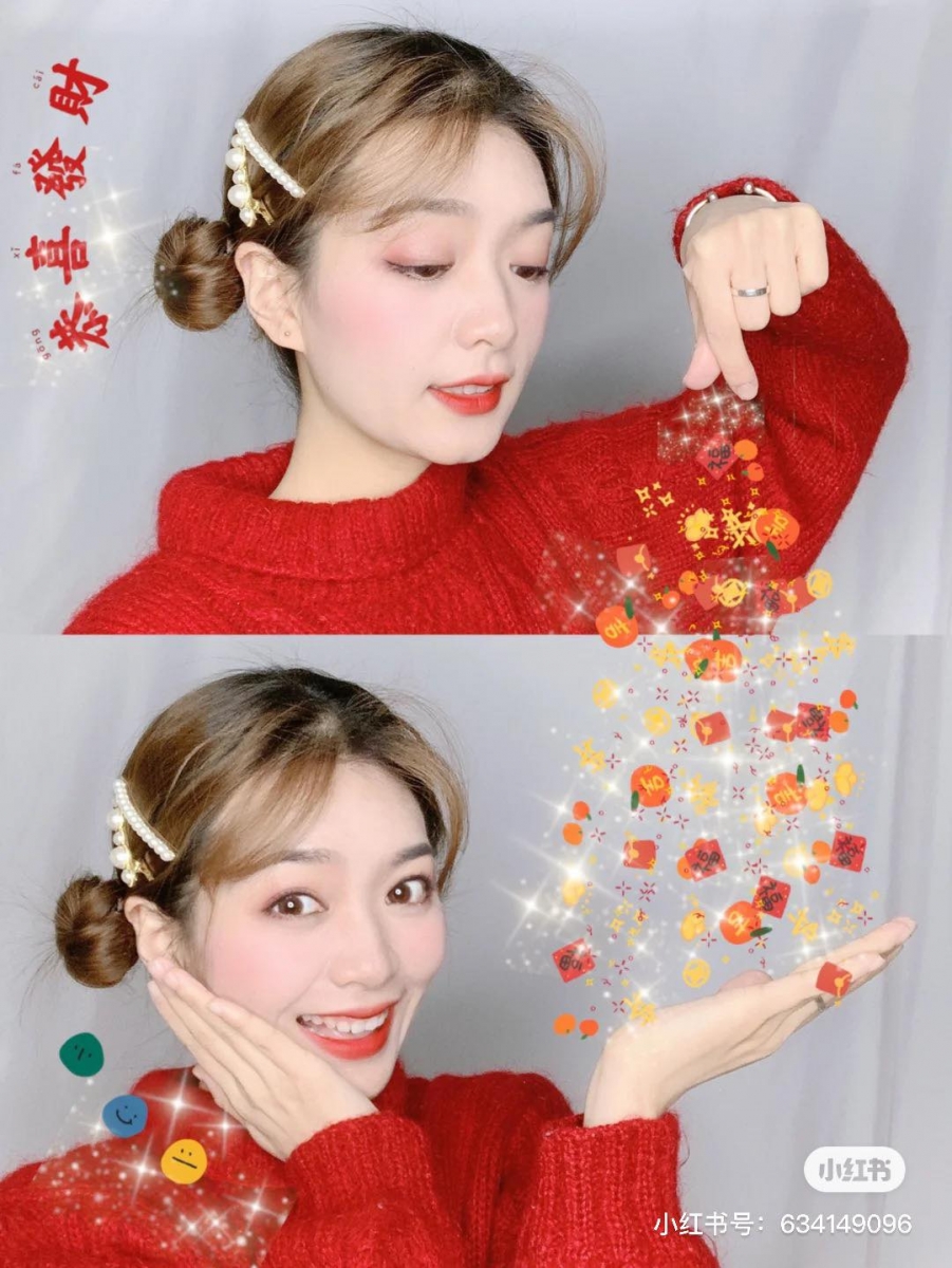 同上方法也能用来制作单人写真~善用各种贴纸P出满满福气溢出来的感觉!