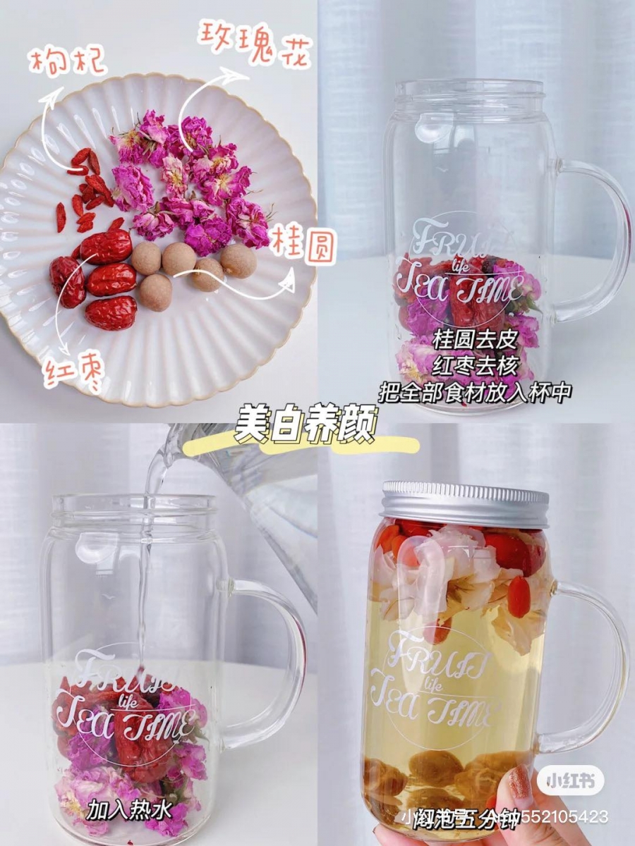 玫瑰桂圆红枣茶 ✨ 材料:玫瑰花、桂圆、红枣、枸杞 (热水闷泡即可) 玫瑰花淡斑养颜、红枣益气补血、桂圆滋阴养颜、枸杞补肝明目养颜美容~特别适合女生们喝出好气色、肤色透亮红润!但月经量较大的女生,月经前后要少喝哟~孕妈咪怀孕早期也不适合喝。