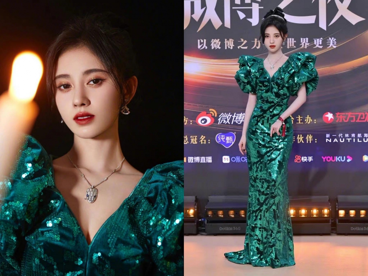 #鞠婧祎墨绿珠光鱼尾裙 小鞠除了华贵鱼尾裙造型很吸睛，其在鱼尾裙衬托下更显纤细的腰围也是关注焦点； #鞠婧祎的腰是真实存在的吗# 秒等热搜冠军！