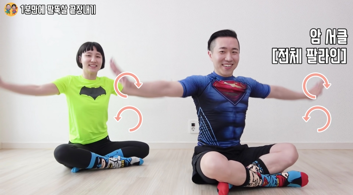 双手向旁边打开伸直,顺时钟、逆时钟画圈摆动。