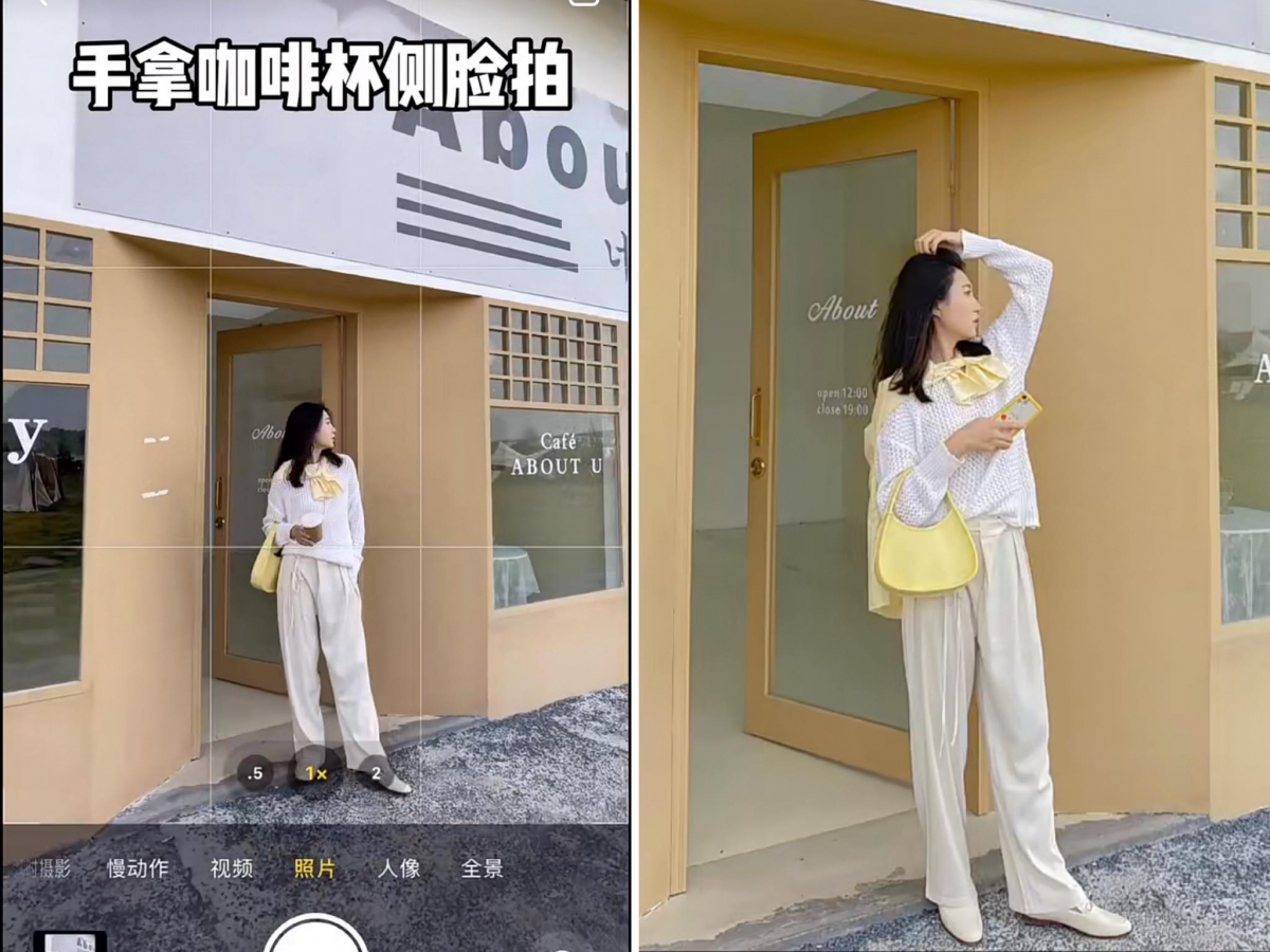 3、或者可以看向侧边,单手自然撩动头发,营造「不小心被拍到美照」即视感。