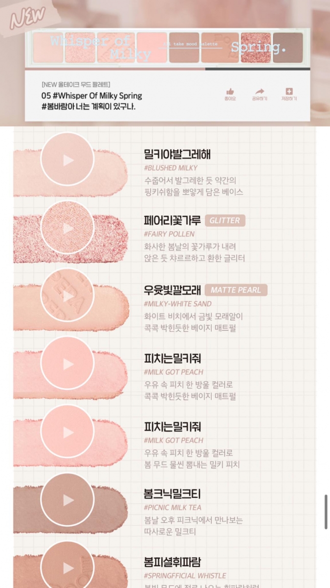 Peripera 2021 Milky Filter系列 Peripera家不止唇彩很棒,眼影盘和腮红同样是韩妞和小红书美妆博主们的爱用品!本季2021 Milky Filter分别为品牌明星系列Pure Blushed Sunshine Cheek和All Take Mood Palette加入了新成员;整体配色和包装都正如其名「Milky Filter」,嫩嫩牛奶系超温油!