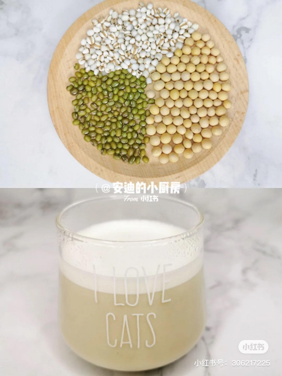 绿豆薏米豆浆：帮助降火祛痘 材料准备薏米5g、绿豆10g、黄豆15g，将食材洗干净后和250m清水放到破壁机里，选择豆浆功能磨出豆浆。