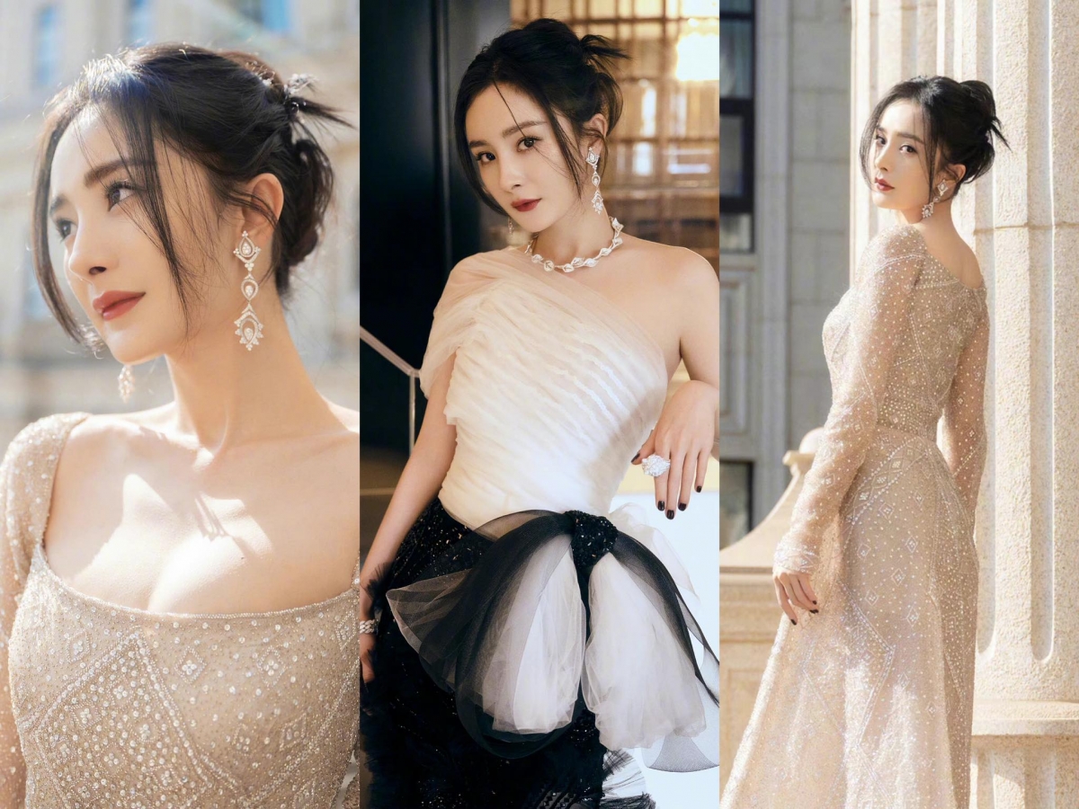 #杨幂黑白叠杀朦胧感长裙 黑白色系叠杀长裙浪漫优雅；另一件温柔贵气的bling bling细闪修身长裙完美勾勒身材，杨幂的礼服造型真的从来不让人失望～