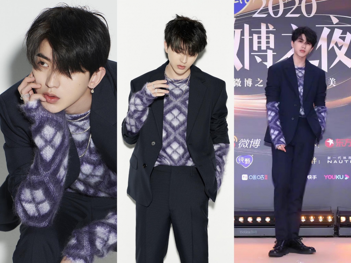 #蔡徐坤紫色菱格毛衣 西装配露袖紫色菱格毛衣，还真的需要像坤坤那样的顶级颜值，才能完美衬出这种「温柔与神秘并存」范儿啊！