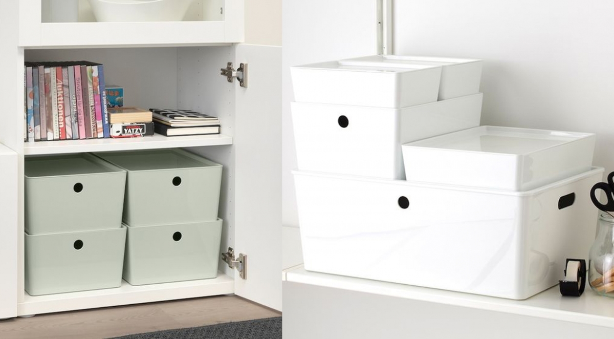 IKEA KUGGIS 收纳盒 这款特别适合用在柜子中分类收纳～特别是当空间高又深不易取放物品时，这类含盖子的收纳盒就很适合分类存放各种物品。还能贴上标签命名，找东西更便捷唷！