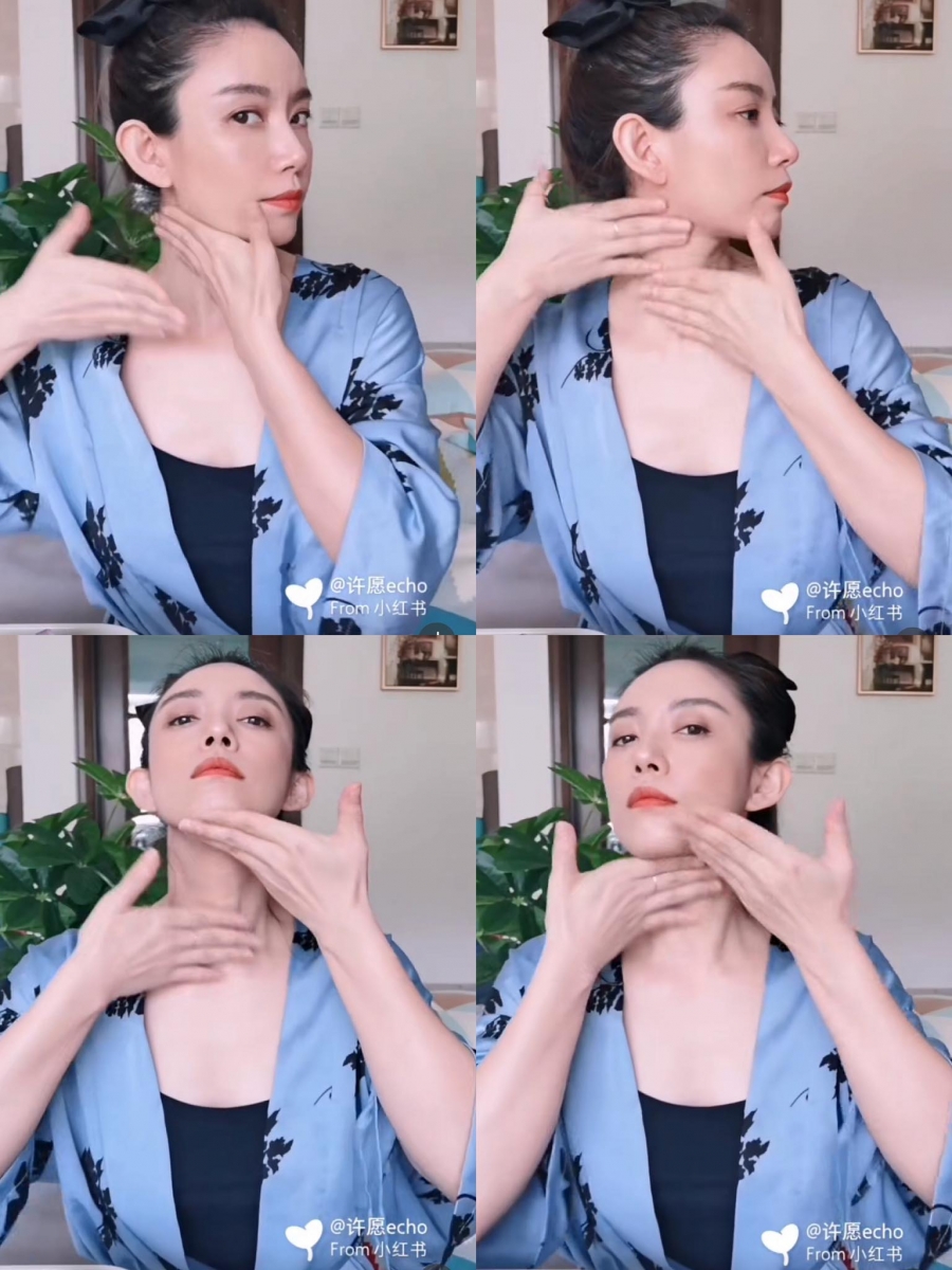 步骤(三) 正式进入按摩部分;颈部两侧和颈部中间各做10次「从下到上」的提拉式按摩,双手从锁骨处交替往上按摩提拉至下巴、下颌位置。