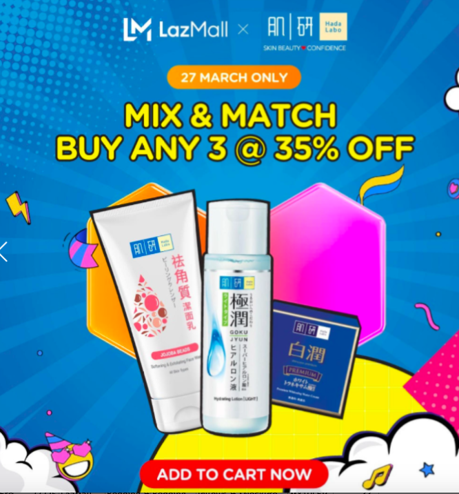 # 2 HADA LABO >>> 【点击前往旗舰店查看更多超值优惠】<<< 27号当天全馆MIX & MATCH大优惠,任买3款产品获35%折扣!消费满RM150可领券10% OFF。