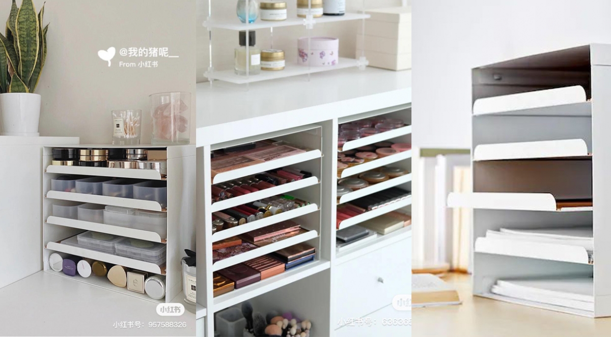 IKEA KVISSLE 信封架 原用途是存放信件文件，但小红书上有不少博主推荐将KVISSLE信封架搭配收纳盒当化妆收纳架使用～是编心目中IKEA隐藏收纳好物No.1 !