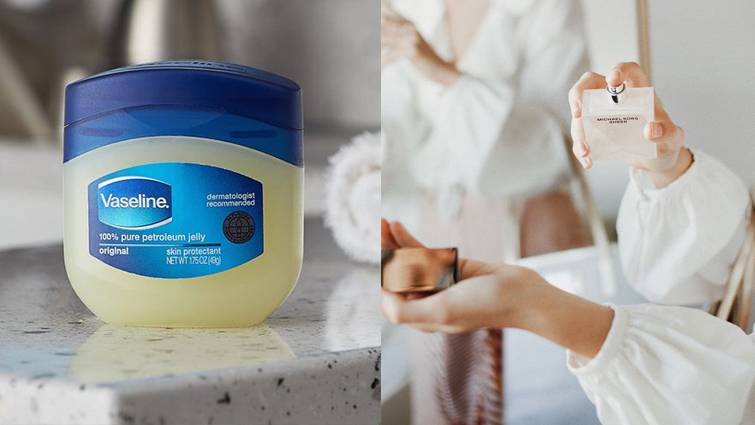 Tips 3 :在喷香水的位置薄擦一点Vaseline 可以在喷香水的部位先薄涂一层Vaseline,无香味的Vaseline作用和上面说的先擦身体护理产品一样,让足够滋润的肌肤更好延缓香气挥发稀释掉的时间。