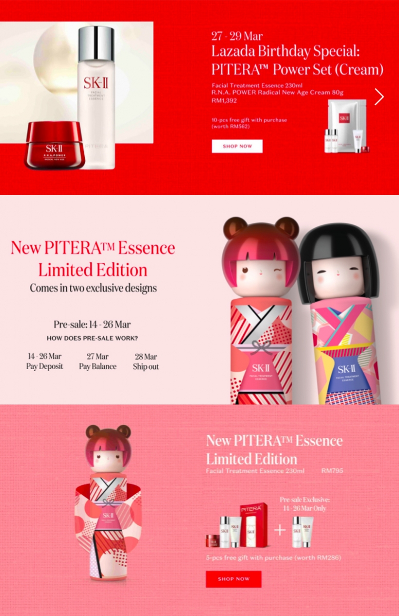# 5 SK-II >>> 【点击前往旗舰店查看更多超值优惠】<<< 27~29日下单超值优惠套组,还会附送价值高达RM688的不同组合赠品! 最新PITERA™ Essence 春日娃娃和服限定款( 230ml )现在正值Pre-Sale,先付Deposit、27日付余额,可获赠价值RM286的5pcs赠品,光冲这组赠品下单就很划算了啊~