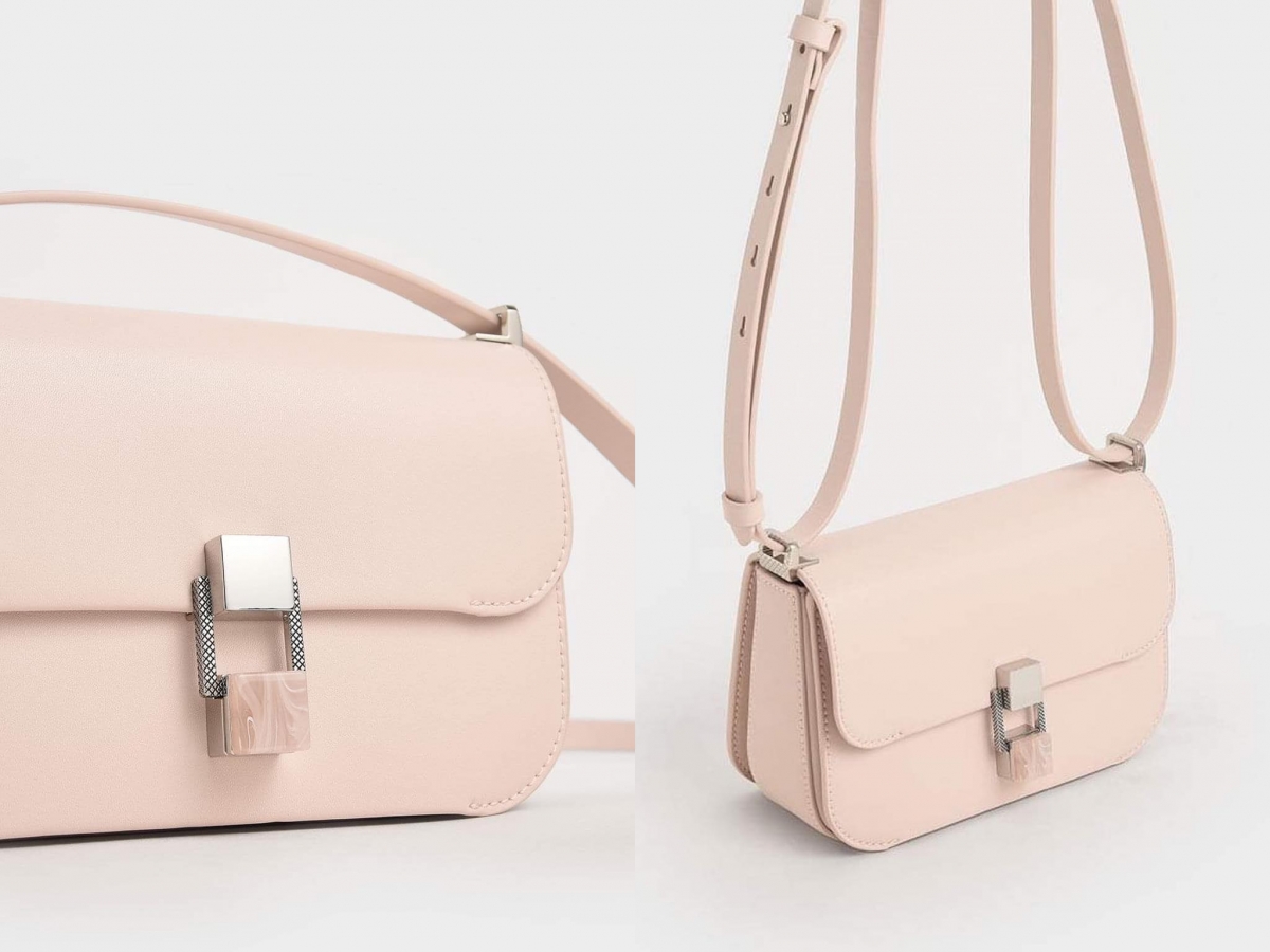# 4 Stone-Embellished Crossbody Bag 清亮温柔的樱花粉色系斜挎包,简洁利落的廓型设计搭配超有质感石纹压扣,相信很多女生都会和编一样为之沦陷。(参考价格 RM239.90)>>> 【点击前往官网查看能多详情】