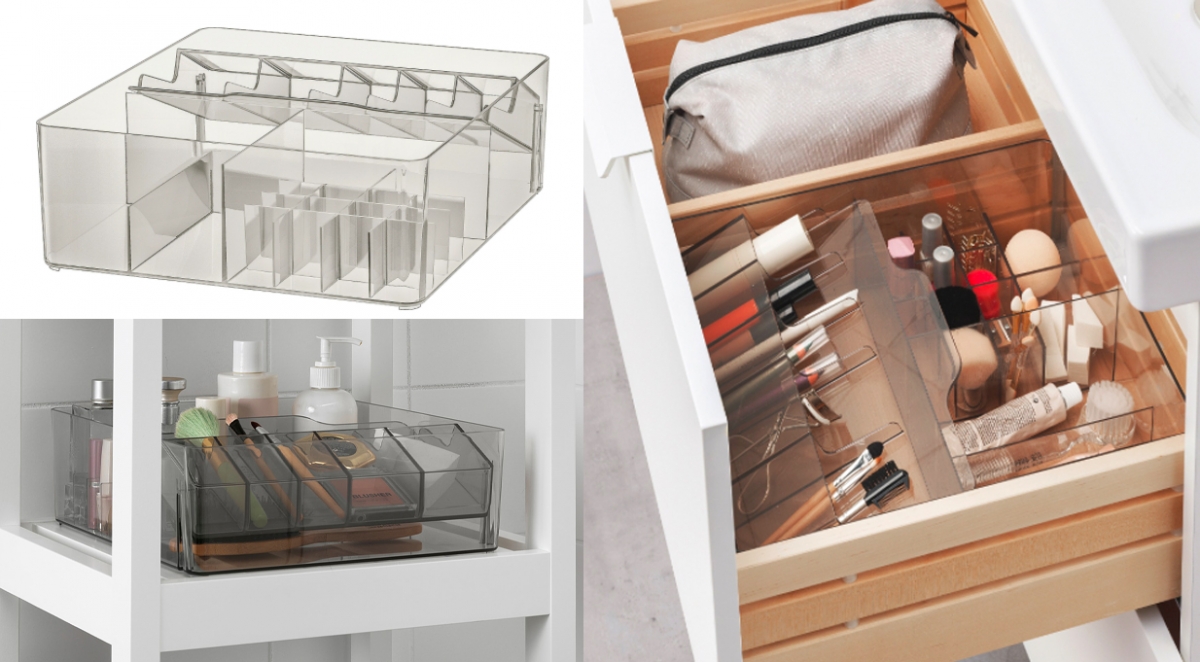 IKEA GODMORGON 收纳盒 感觉很多Girls都还没有发现这款收纳好帮手呢！GODMORGON系列的这款分隔式收纳盒不仅可以存放于化妆桌面，还能放到高度深度合适的抽屉/柜子里，让化妆品们都能有属于自己的“家”（笑）