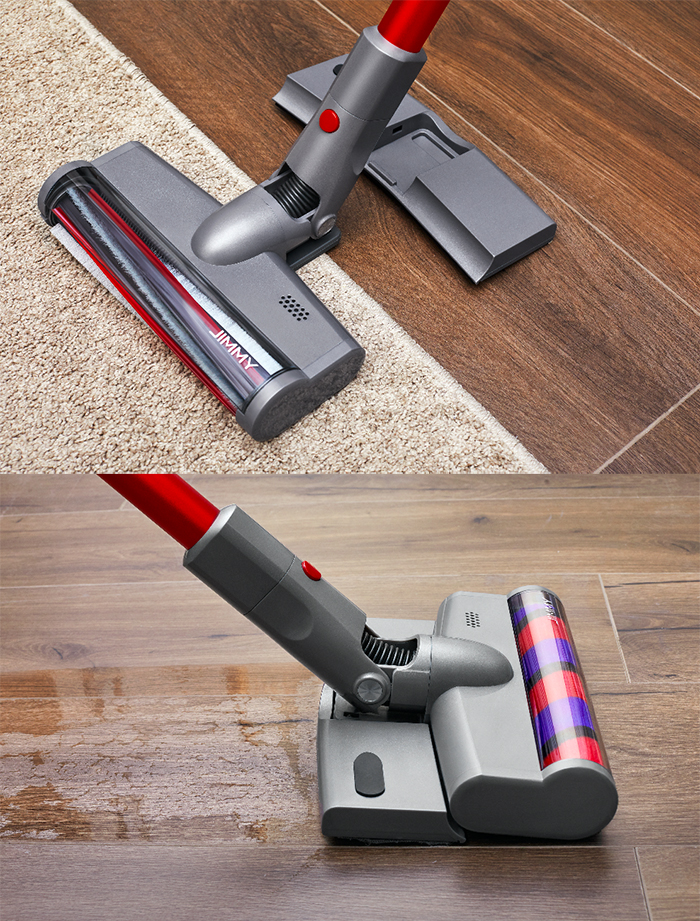 # 体验双倍洁净，缝隙死角灰尘脏污无处可躲 JIMMY JV65同时具备吸尘和抹地二合一功效，彻底清除家居角落、家具表层、车内缝隙角落的灰尘，体验双倍洁净、真正做到一尘不染。