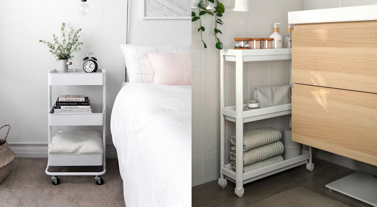 IKEA RASKOG / VESKEN 四轮推车 原本是设计给厨房收纳使用的RASKOG小推车，也被不少博主和网民大推用来当彩妆保养收纳推车，尤其瓶瓶罐罐超多、桌面上怎么摆都觉得凌乱的话，用它就能轻松解决收纳难题唷！形状更窄的VESKEN小推车则更方便收纳在橱柜旁边的小角落。