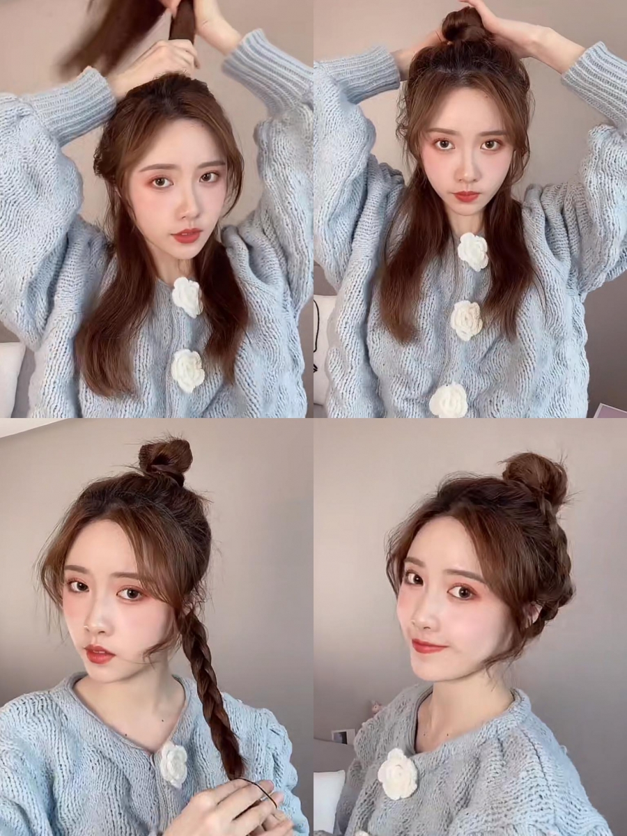 快速出门发型教程二:元气减龄麻花辫丸子头 刘海预留出来上点外卷修饰两颊脸型~先扎半高马尾,将它盘成小小的丸子头用皮筋固定;将剩余的头发聚在一侧编成三股麻花辫,发尾用皮筋固定好后将辫子往上绕住丸子头,用发圈、发夹固定即可。