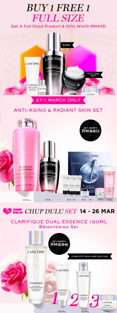 # 7 LANCOME >>> 【点击前往旗舰店查看更多超值优惠】<<< Pre Sale付Deposit抢购小黑瓶精华,即送同系列正装面霜,一组原价RM883现只需RM438! 兰蔻家明星商品如极光水、玫瑰水都有买有送超值小样,原价换算下来都有近乎半价优惠哦~