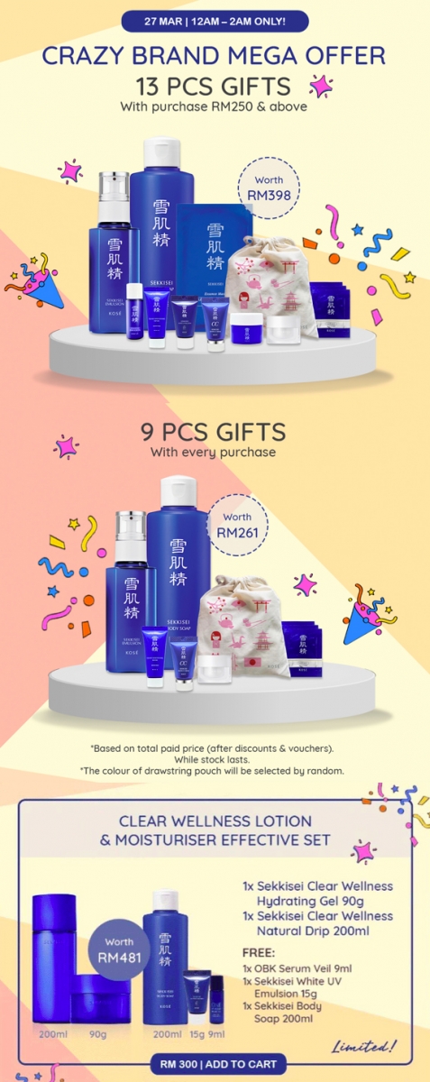# 3 KOSE >>> 【点击前往旗舰店查看更多超值优惠】<<< 27日当天12am~2am准时下单将获赠价值RM261免费礼包,先到先得;消费满RM250领优惠券即享折扣RM20,还能收获价值高达RM398豪礼! 旗下多款明星商品组合下单即送超值小样。