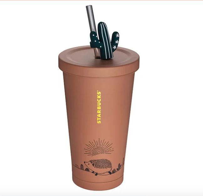 Cool Tumbler 仙人掌不锈钢TOGO冷水杯 大地色瓶身加上刺猬图腾,杯盖上靠近吸管的位置还有立体仙人掌装饰点缀,简单而精美~