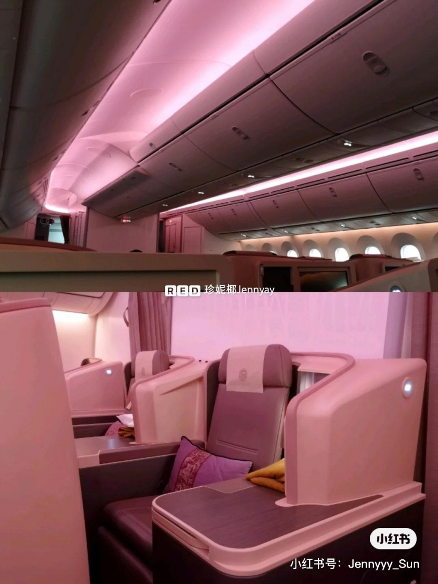 而且机舱里的细节如靠垫、灯带、耳塞、眼罩等都是粉嫩色系的呢～空姐穿搭也以温柔粉色系为主、缀以凤凰牡丹等金边刺绣，将中国风主题发挥至极致；连吉祥物熊猫公仔身上穿的小衣服也是粉色款！