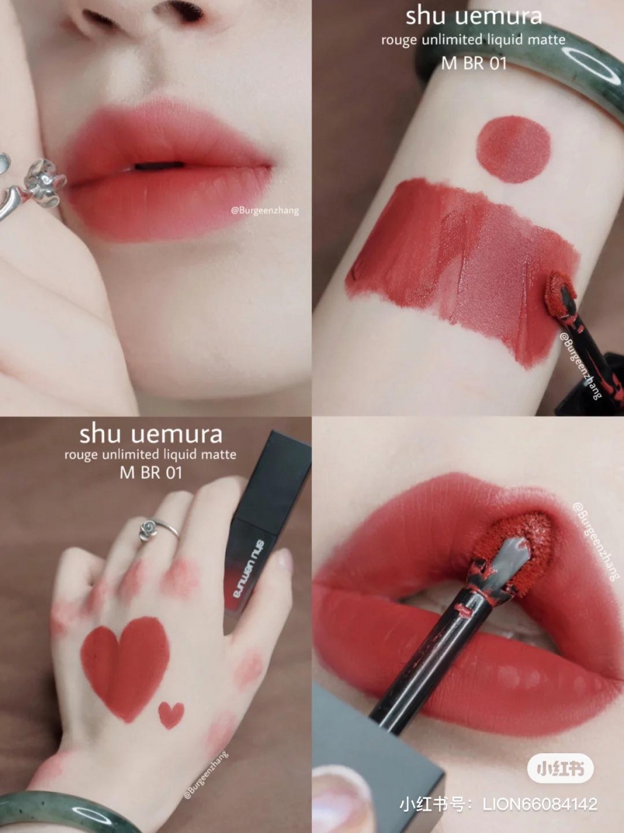SHU UEMURA 无色限柔雾唇釉采用了蜂巢定色科技,让唇釉涂抹上唇后持久度更UP还能填补唇纹。 色号推荐 1 :小红书上推荐度最高的BR01 蔷薇奶咖色,日常百搭、显白显气质必备的一款木质玫瑰色调,素颜薄涂也能很好提气色~质地上唇瞬间水润顺滑,等待一下会慢慢成膜呈柔雾感。