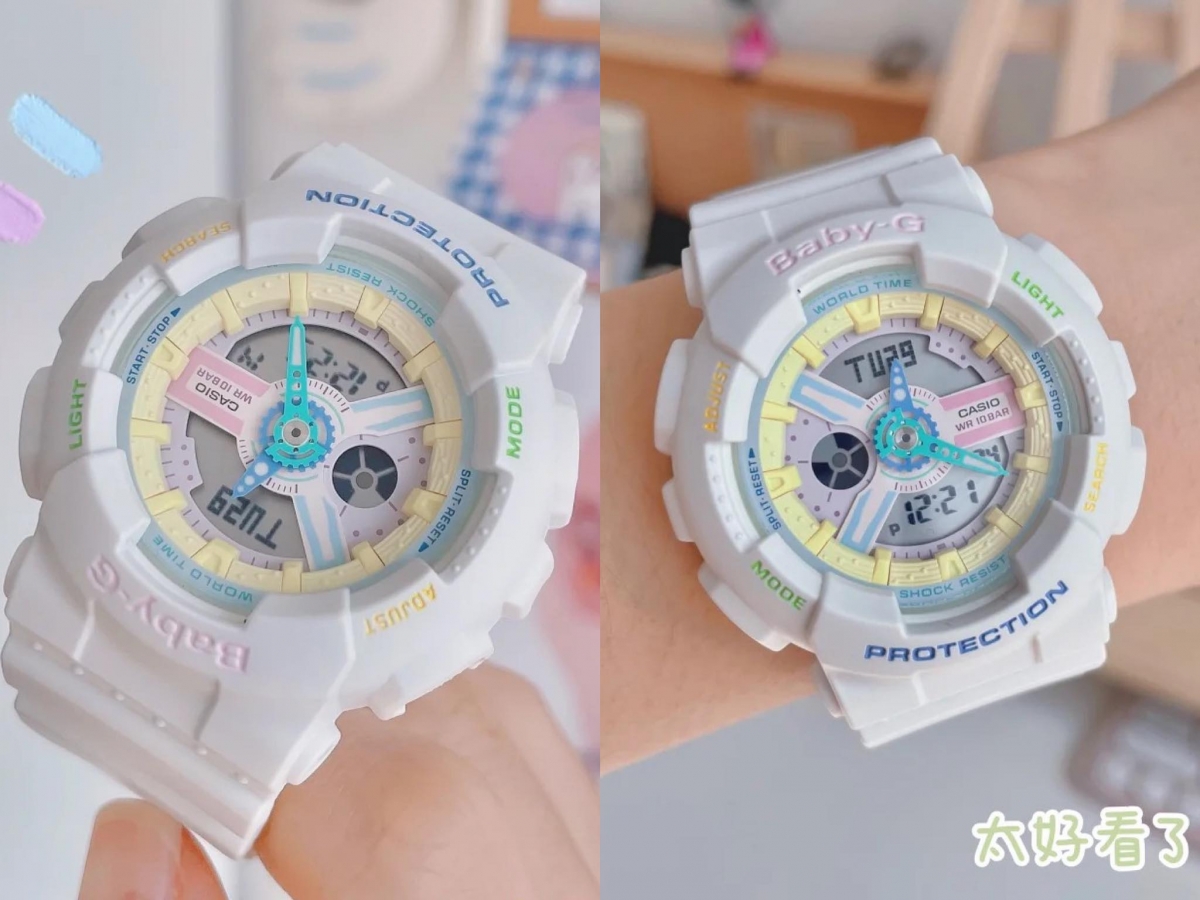 这款近几个月在小红书上掀起超狂热议的清新配色Casio Baby-G,大面积采以百搭奶霜白色,但表框和表盘上的细节点缀都是治愈系马卡龙色系,这款设计真的太懂少女心啦!