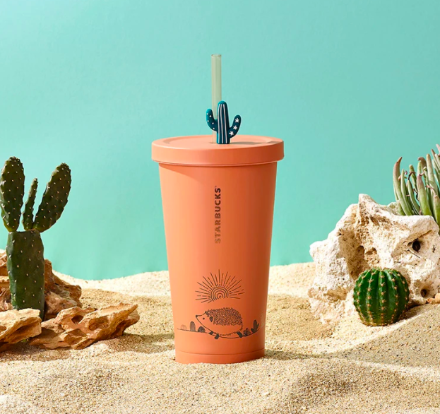 Cool Tumbler 仙人掌不锈钢TOGO冷水杯 大地色瓶身加上刺猬图腾,杯盖上靠近吸管的位置还有立体仙人掌装饰点缀,简单而精美~
