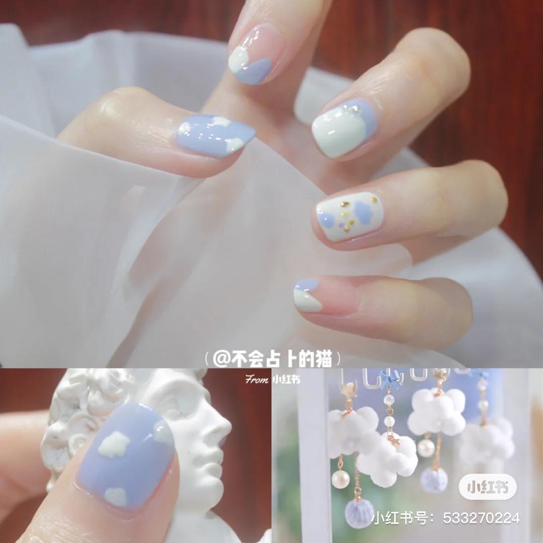 # 13 春日清新系美甲怎么能少了奶fufu的蓝天白云元素~云朵手绘根本点睛之笔啊!