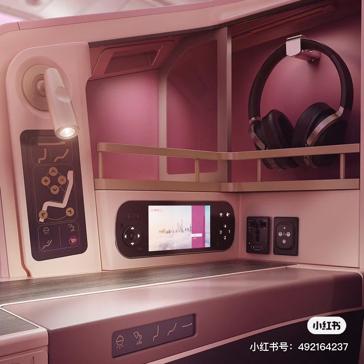 据知787-9客舱主题名字是「梦旅生花」，客舱内部设计采用了中国风、牡丹作为灵感来源，大面积的低饱和度莫兰迪粉紫色系，尽显极致浪漫。