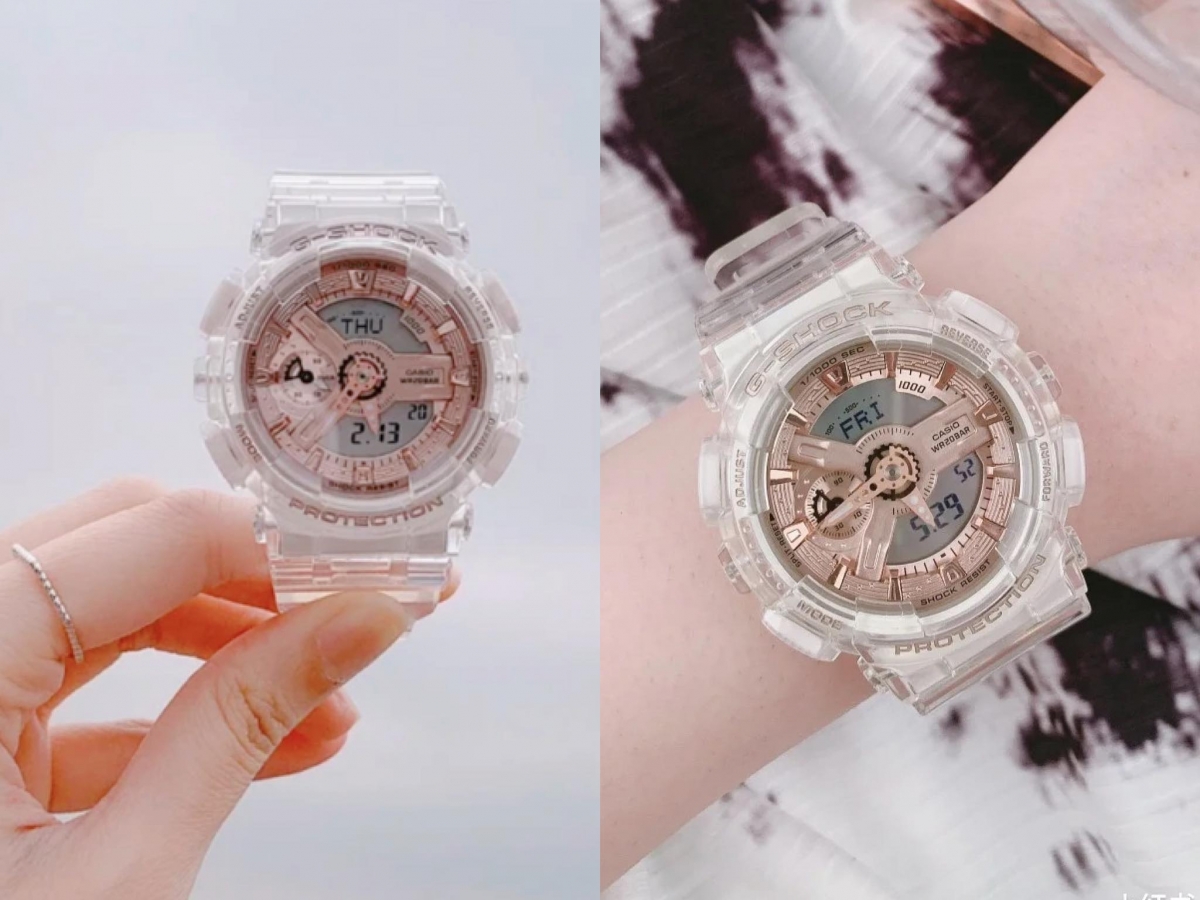 小仙女必备晶透玫瑰金 G-Shock GMA-S110SR-7ADR,透明表带搭配玫瑰金色系表盘,透亮精致质感搭配绝美玫瑰金色系,颜值太让人心动~
