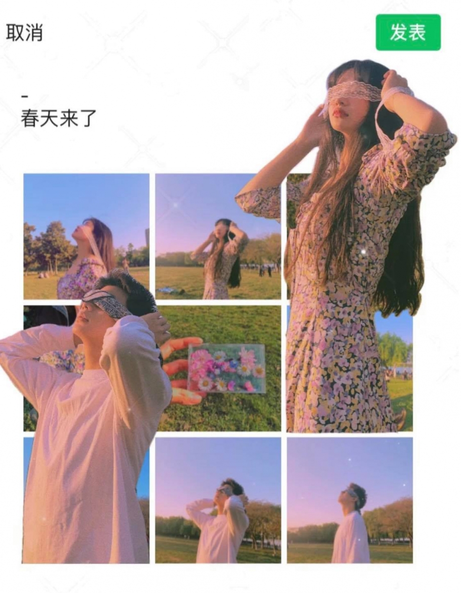 不少网民发挥极致创意P出各种效果~比如情侣放闪照出除了可以按照上面的排版抠出合照,也可以分别制成2张单人贴纸,粘贴到朋友圈九宫格截图上,这样的排版效果也很有趣呢!