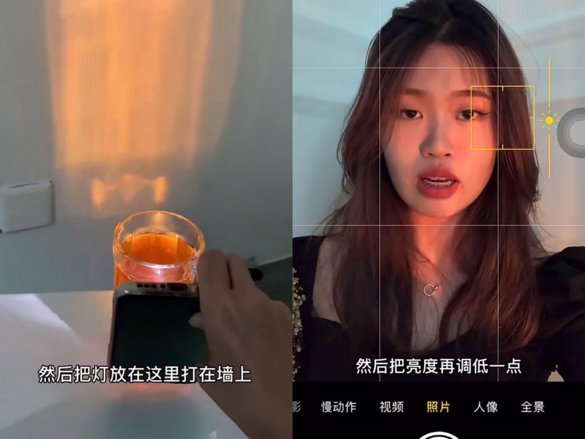 灯朝向前面的墙壁打光,前面放刚刚倒满茶的杯子~这时找好位置坐下准备自拍,打开手机摄像模式、将亮度调低就可以开拍喽!