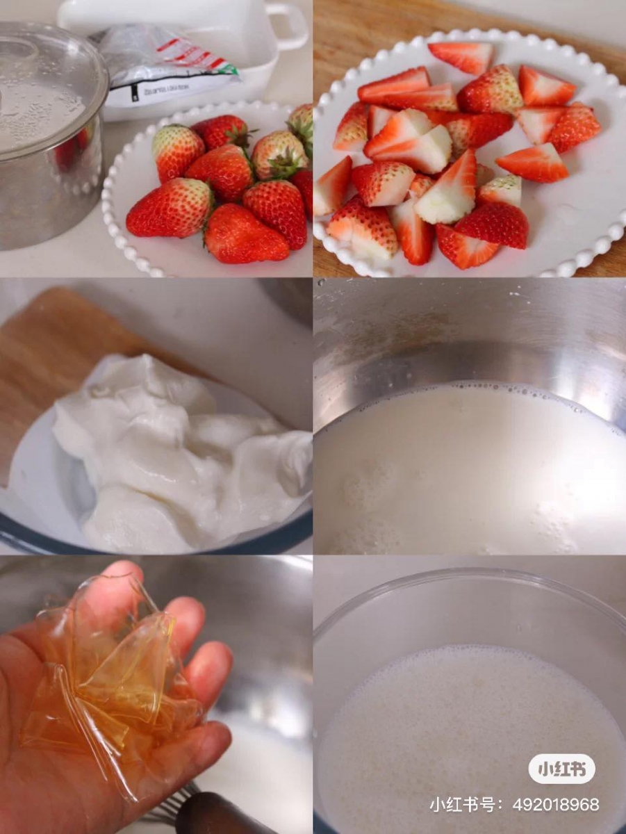 草莓洗净切块备用,用凉水泡软的吉利丁片;将牛奶和细砂糖倒入锅中小火加热,捞出凉水中的吉利丁片挤干水分放入牛奶中,搅拌均匀晾在一旁放凉。