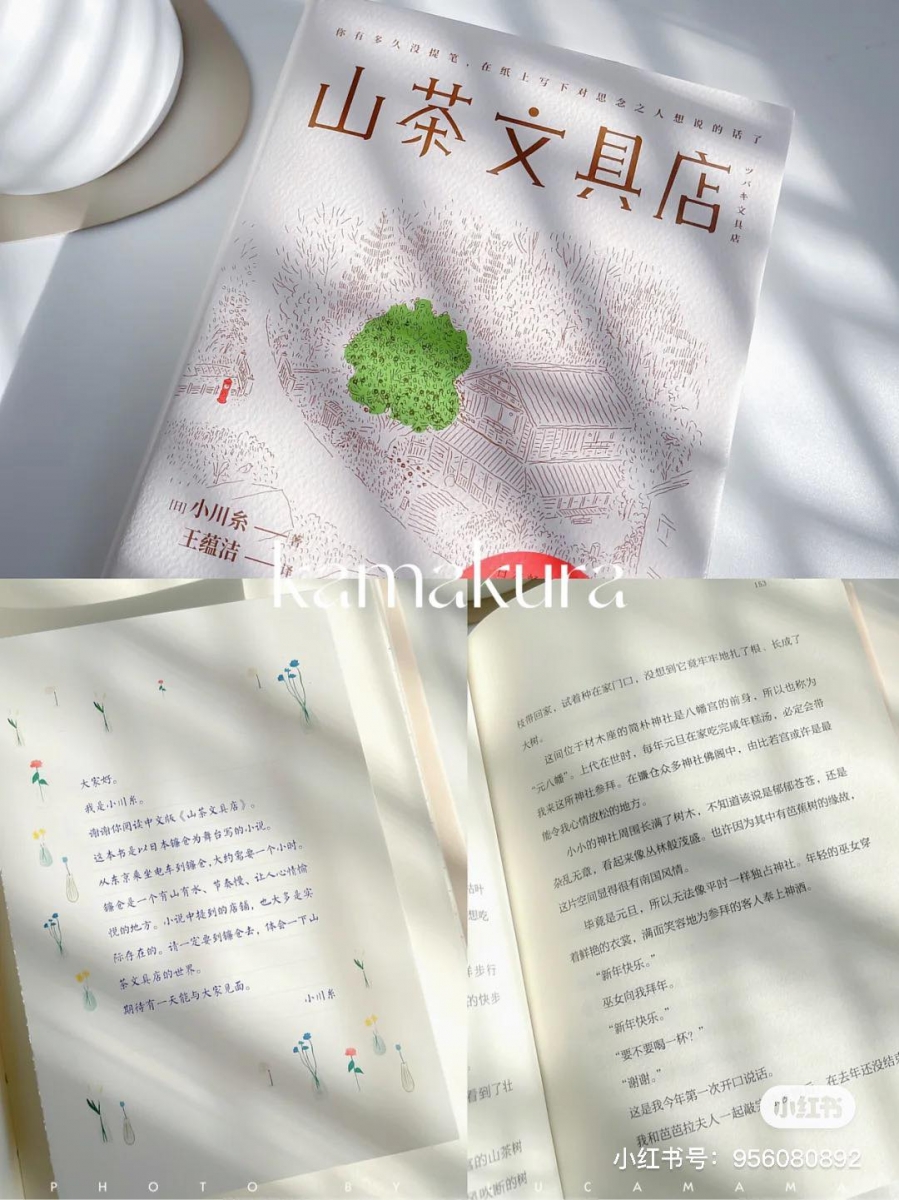 # 2 《山茶文具店》|  作者:小川糸   《山茶文具店》里的故事以春夏秋冬四季为时间线,讲述一家帮人代笔写新的文具店里,作为第11代传人雨宫鸠子,从一封封代笔信里关于生死离别、爱情、友情、亲情、宠物情等写实故事,感受到不同的生活体悟,上了一节又一节深刻而细腻的人生课堂。