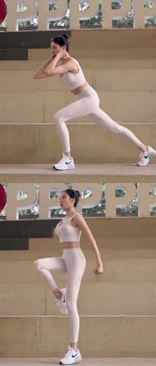 2、后弓步跳:坚持1分钟为一组,双脚呈弓步姿势、往后伸直的腿部收回的同时,在胸前握拳、手臂呈V型的双手收回到身侧。