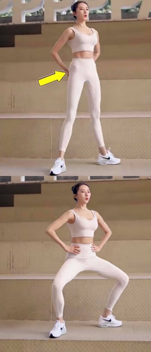 2、双角深蹲:坚持20秒为一组,双腿进行深蹲(膝盖向外)回正膝盖、感觉臀部后侧发力。