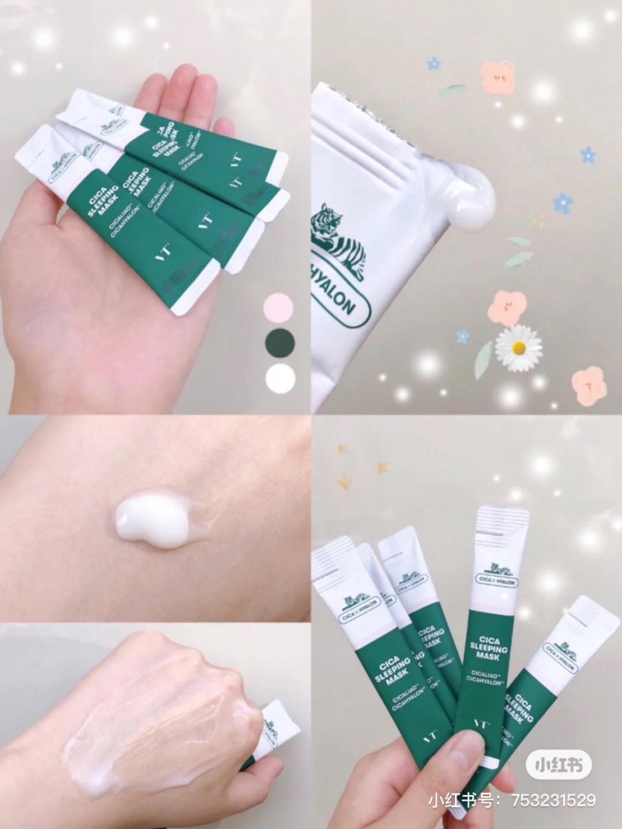 VT Cica Sleeping Mask 积雪草睡眠面膜 VT睡眠面膜中蕴含了品牌旗下的王牌护肤成分-积雪草,主打快速镇静修复、补水保湿功效;特别是这款一次性的条状包装十分卫生,外出携带也很方便,需要急救肌肤时还能当面霜使用哦!