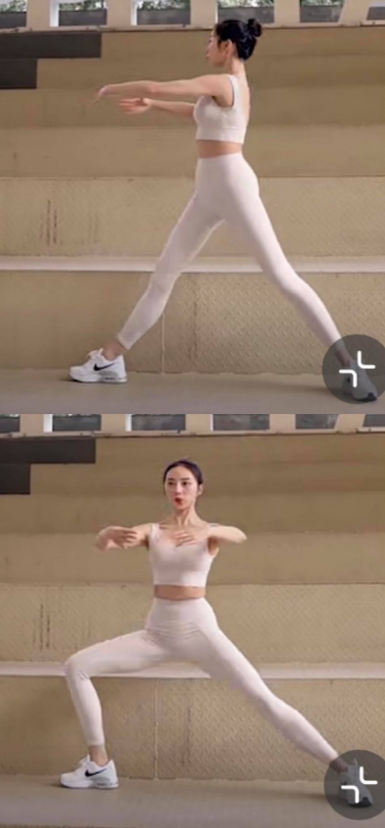 3、芭蕾扭转:双手像芭蕾舞者般的姿势,臀部两侧发力带动身体和臀腿做扭转动作,消除腿型外扩外凸问题。