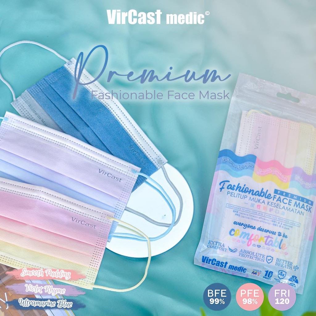 # 1 Vircast Medic Fashionable Premium 4ply Face Mask 大马本土品牌Vircast Medic推出的「渐变系口罩」超梦幻！紫蓝渐变色系、粉黄渐变色系、柔蓝渐变色系，每款配色都超美，1包10片混合所有配色轻松All-In。