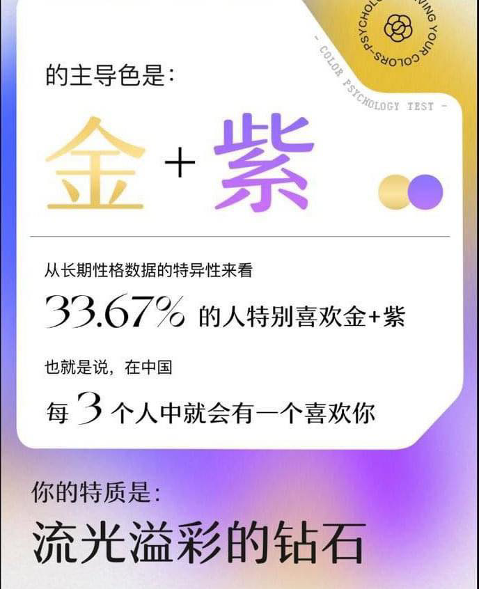 测验出「金色+紫色」结果的你,在别人眼中是值得信赖的人,但凡托付你去处理的事情肯定都能静待好消息、无需为你操心处事认真可靠。本质是紫色属性的你有这浑然天成的洞察能力以及浪漫基因,你的感受能力很是细腻,并且有这令人羡慕嫉妒的艺术天赋,就像魔法师一样总能实现不可思议的愿望! 绿色和金+绿色属性的人会被你吸引,而紫色和粉+金色者则建议你保持距离。