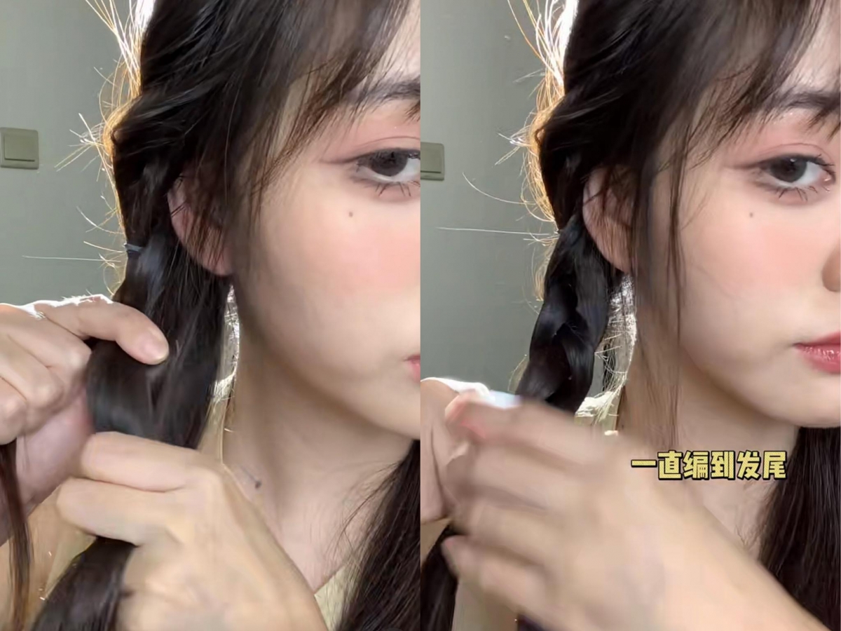 步骤(三):稍微将头顶两股辫调整拉松营造丰盈感,用发圈扎好固定。把下面的头发分成两束,和刚刚扎好的发束合并编成三股麻花辫。