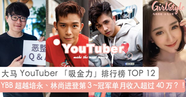 2021 最新大马 YouTuber 「吸金力」排行榜 TOP 12 ！YBB 超越培永、林尚进登第 3~冠军单月广告收益约 RM 40 万？！