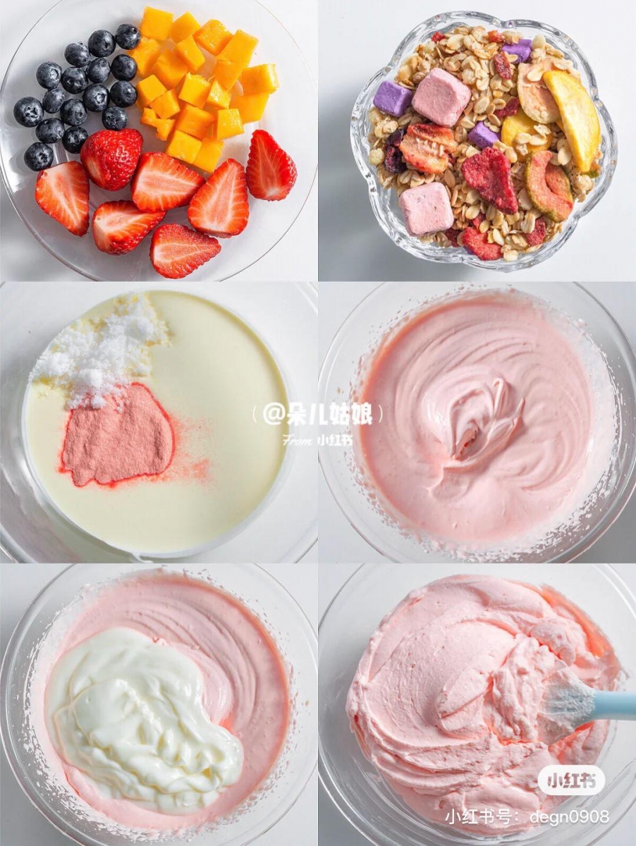 将200g的淡奶油加入草莓粉、白糖搅拌均匀,打发至浓稠状后加入酸奶,翻拌均匀。