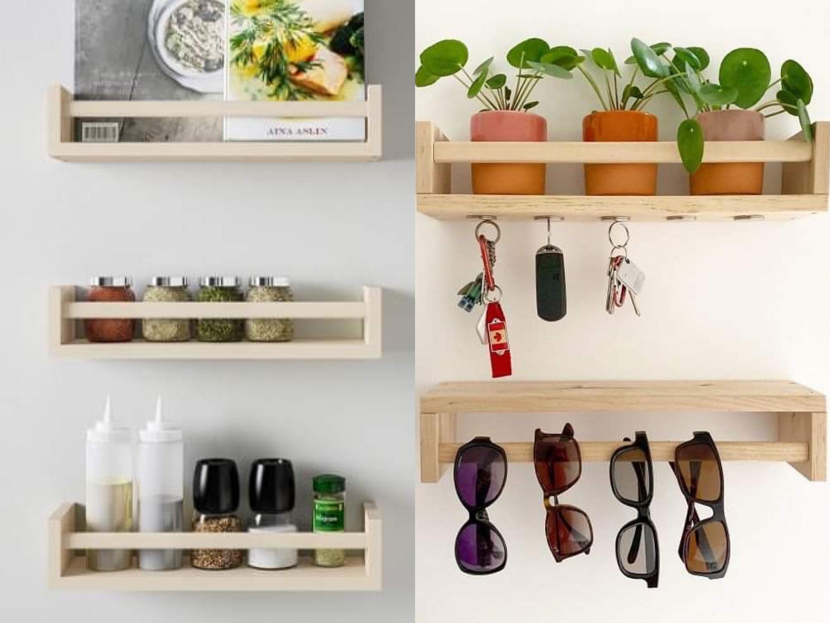 BEKVAM 调味罐收纳架 原本设计给厨房收纳调味品等瓶瓶罐罐的这款收纳好物，摆正收纳架，「倒过来」使用则可以用来当悬挂要是、时尚配件等小物件的置物架，搭配S型挂钩还能挂放杯子和餐布，非常值得入手！